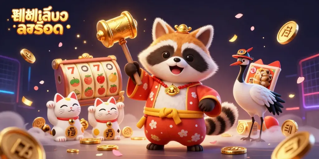 ทดลองเล่นสล็อต โดยใช้ 3D การ์ตูนที่มีตัวละครตานูกิที่มีความสุข บ่งบอกถึงความสนุกในการเดิมพันคาสิโน