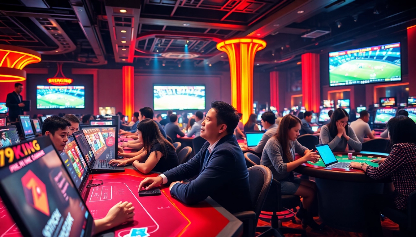 Online betting scene at 79king with diverse players and vibrant atmosphere.