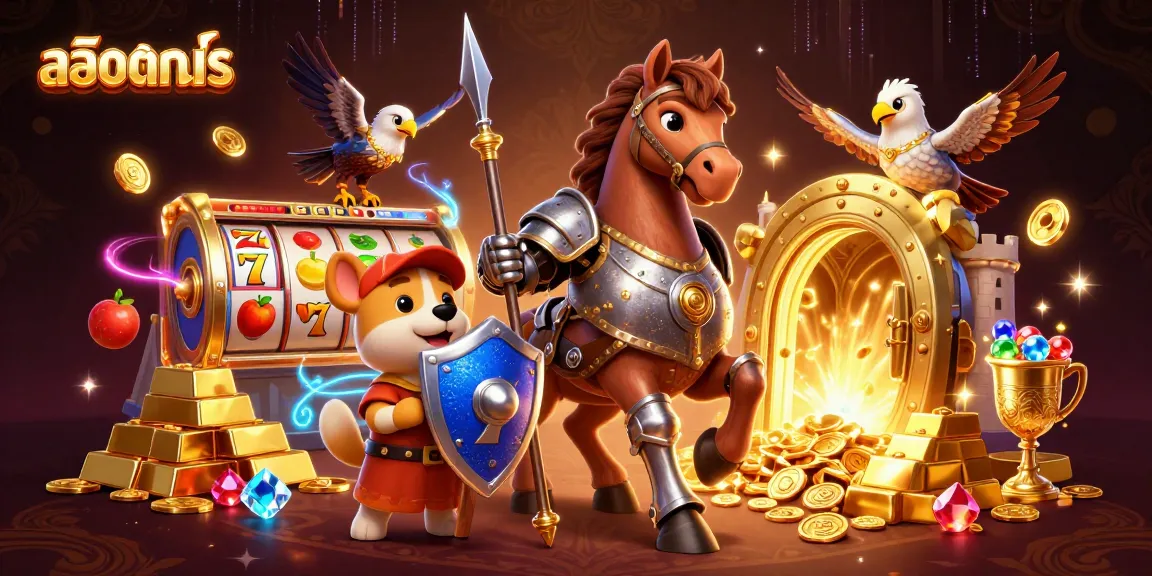 Experience สล็อตทดลอง with thrilling slot reels, characters, and treasure in a vibrant digital casino art.