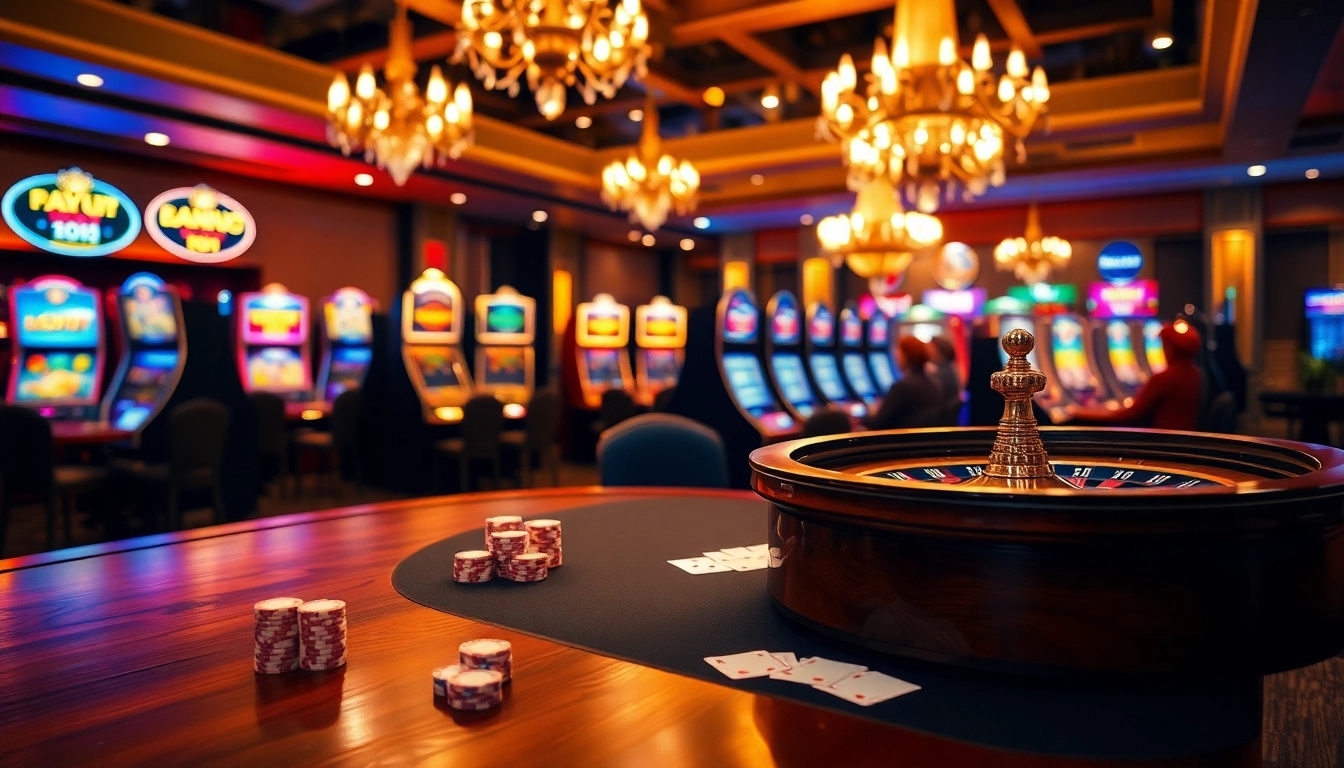 Experience the excitement of hay88 as players engage at a luxurious casino poker table with vibrant slots in the background.