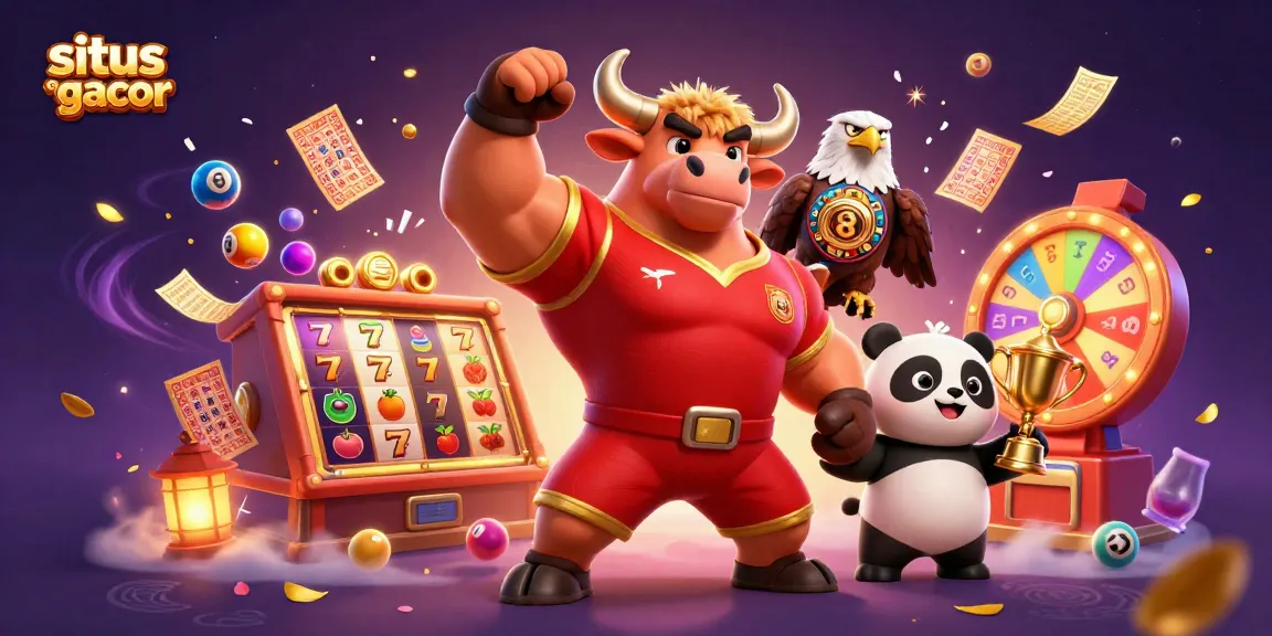 Situs slot gacor vibrant illustration showcasing lively casino elements with engaging cartoon characters winning at slots.