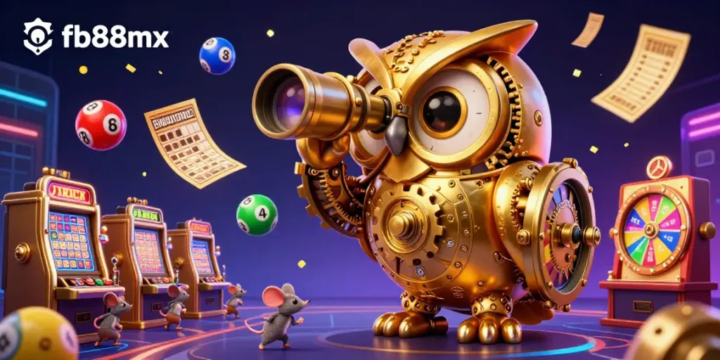 Experience the excitement of fb88mx with a captivating casino scene featuring a whimsical golden owl and vibrant gaming elements.