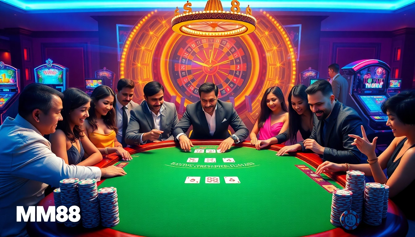 Exciting casino scene with players enjoying MM88 blackjack at an elegant table.
