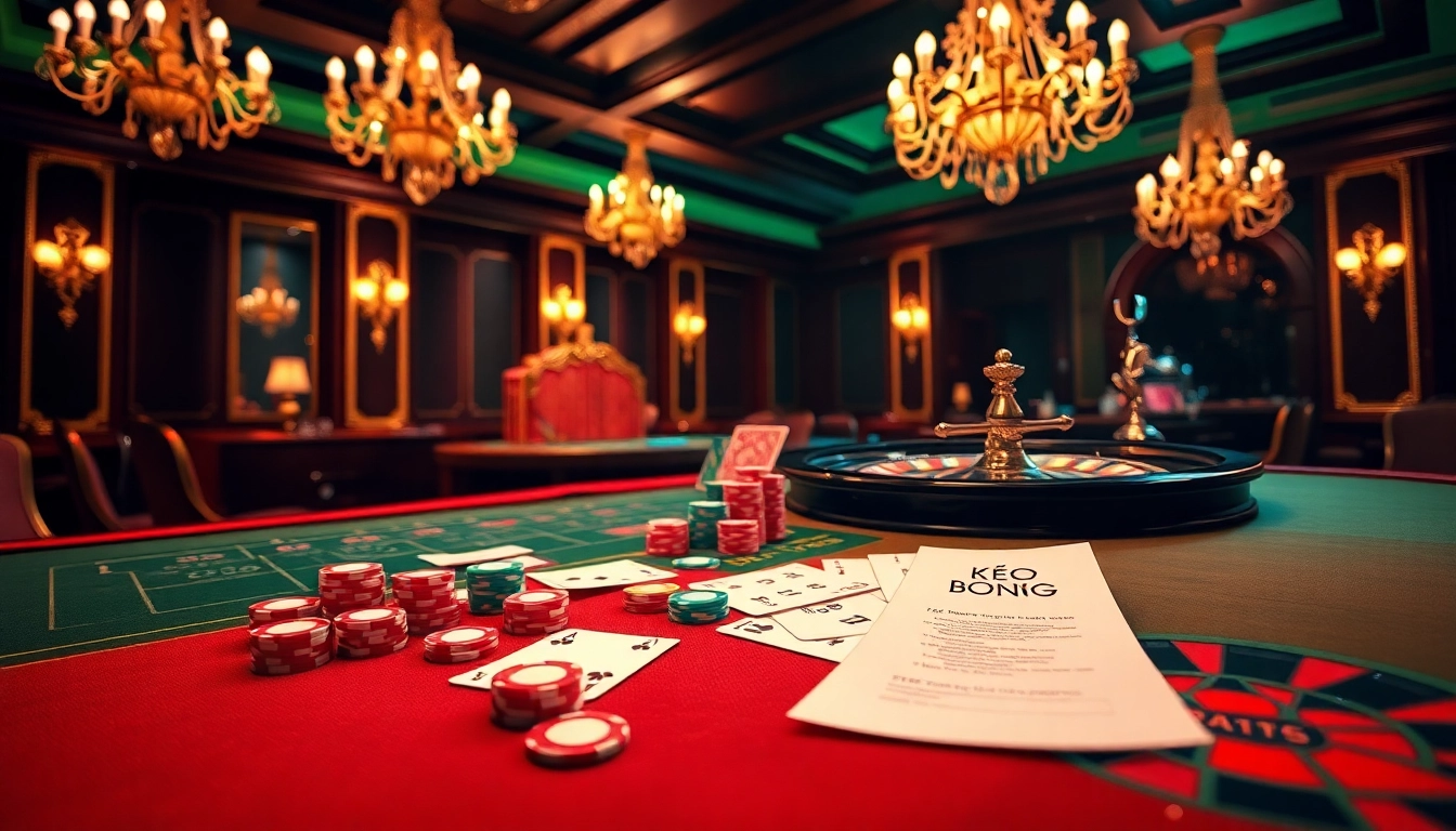 Engaging scene of a luxury casino table featuring kèo bóng đá betting slips and poker elements.