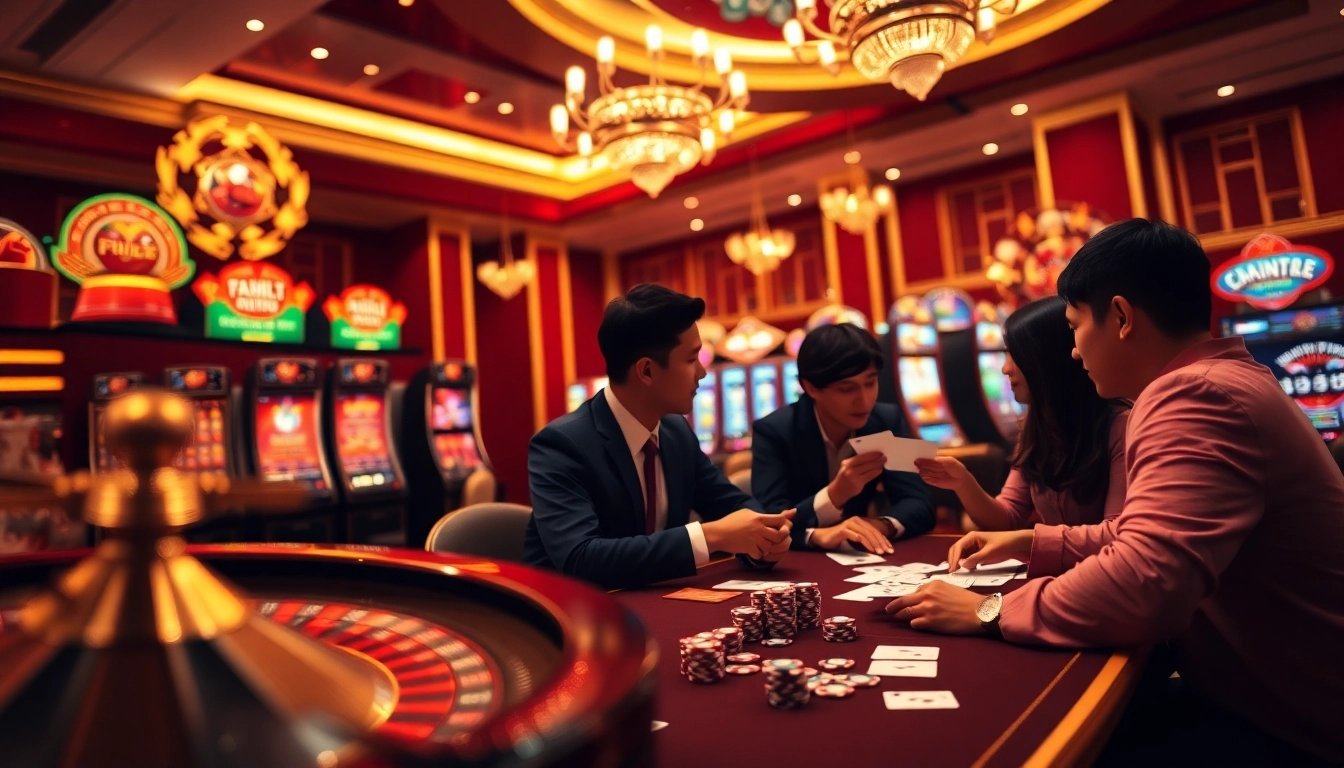 Nền Tảng RR88 showcases excitement at a luxurious casino with roulette, chips, and vibrant slot machines.