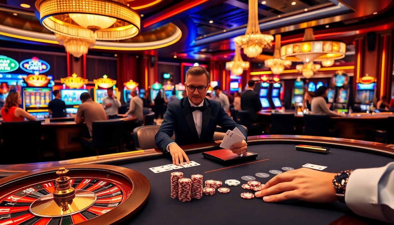 The banca casino scene shows players enjoying table games and colorful slot machines in a luxurious atmosphere.