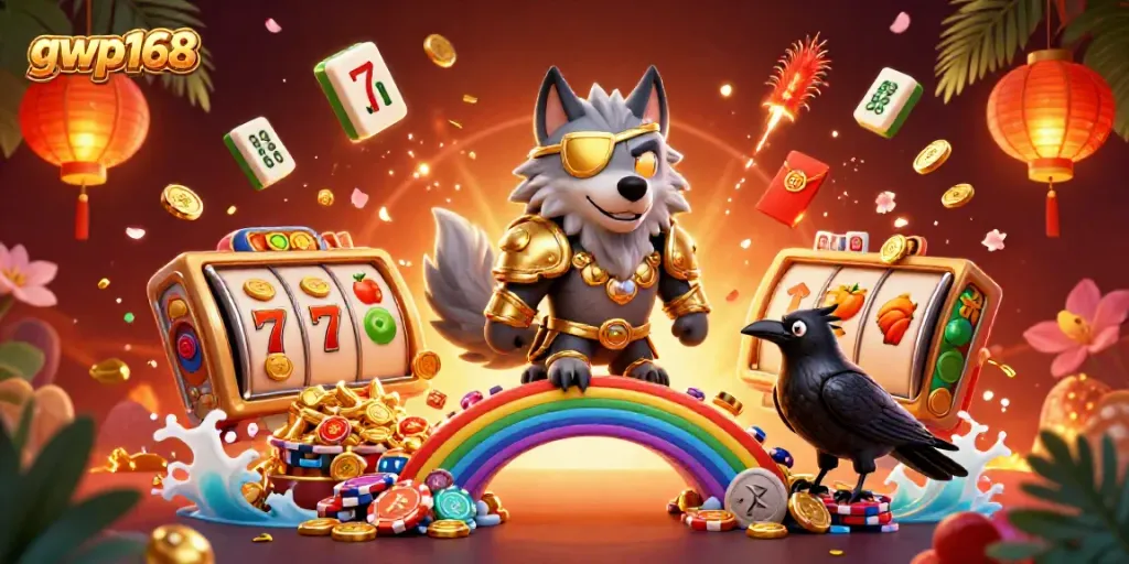 gwp168 mempersembahkan slot jackpot yang mengesankan dengan karakter Odin dan burung gagak di latar belakang cerah.