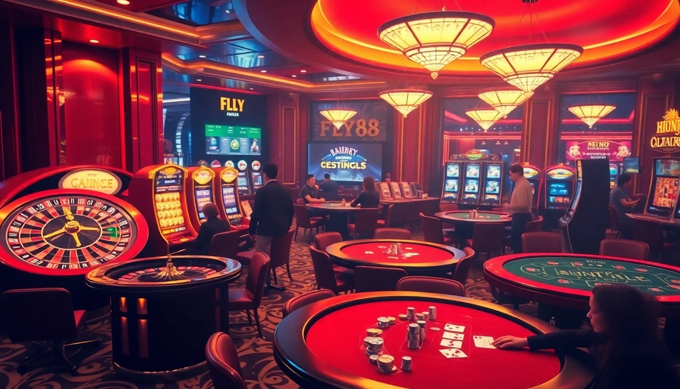 FLY88 casino scene showcasing roulette, poker tables, and vibrant slot machines in action.