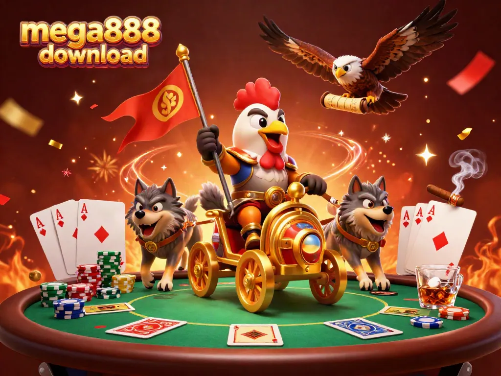 Experience the thrill of mega888 download with a dynamic 3D illustration featuring a rooster warlord and poker elements.