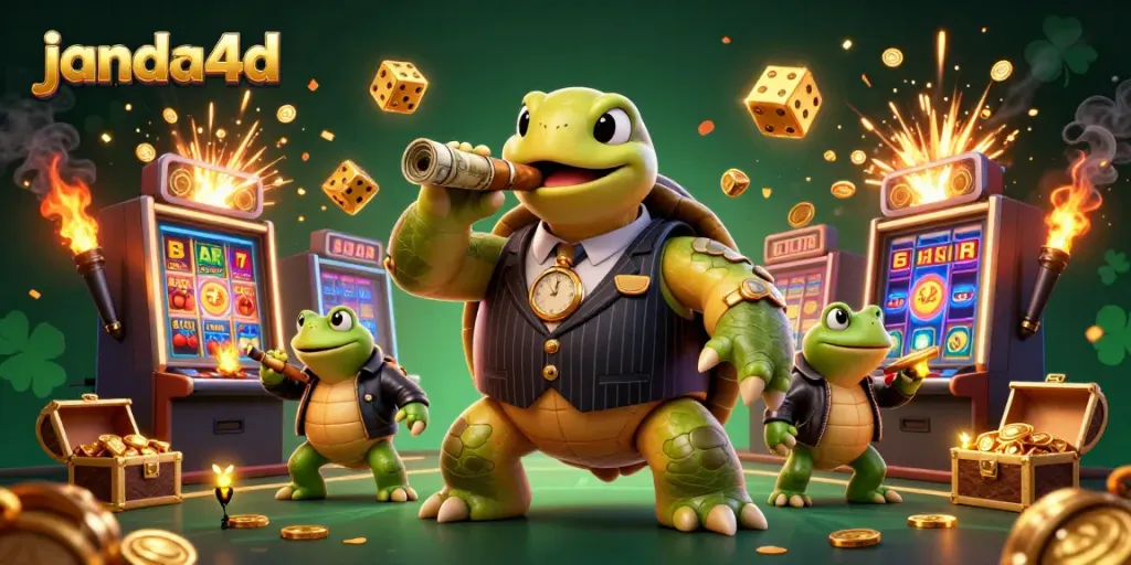 Gim slot janda4d yang memukau dengan karakter unik di latar belakang kasino