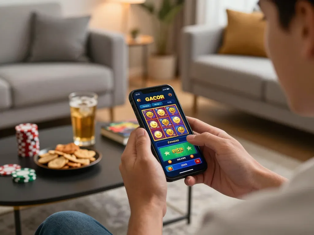 Menikmati sesi seru slot gacor di aplikasi mobile di ruang tamu yang nyaman.