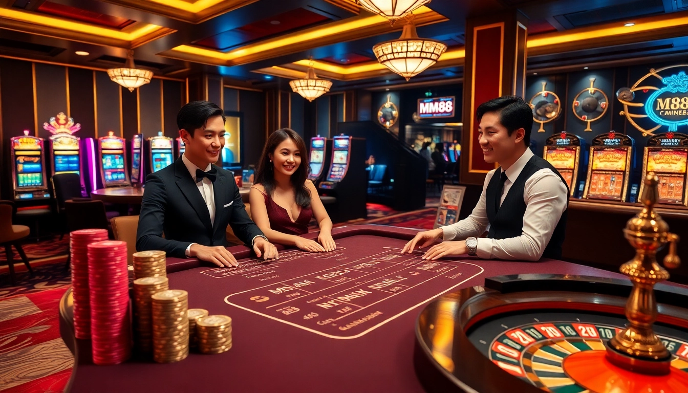 Players celebrate at an MM88 baccarat table in a vibrant casino scene.