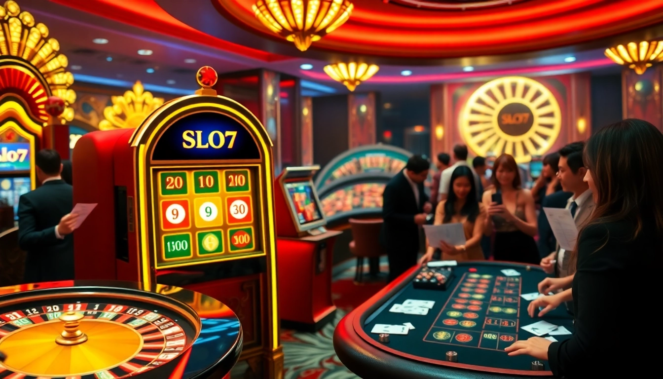 Players engaging with the slot777 slot machine amidst a vibrant casino environment.