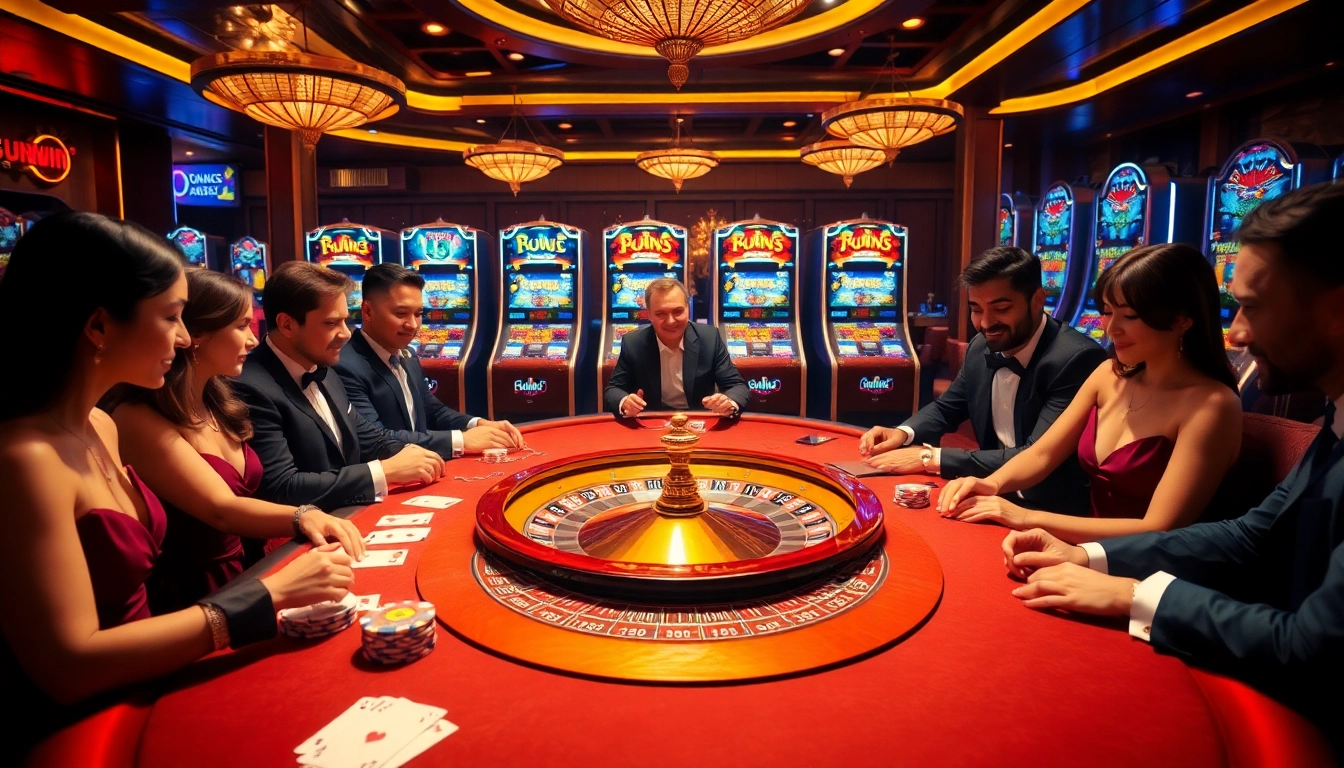 Experience thrilling gameplay at Sunwin with vibrant casino tables and excited players.
