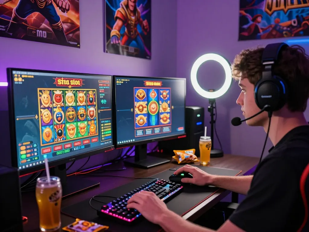 Scene permainan situs slot dengan pemain terlibat dalam permainan slot online yang cerah.