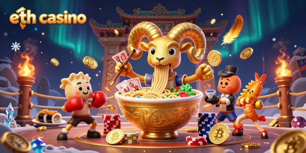 Engage in winning strategies at eth casino with dynamic 3D cartoon characters featuring crypto elements.