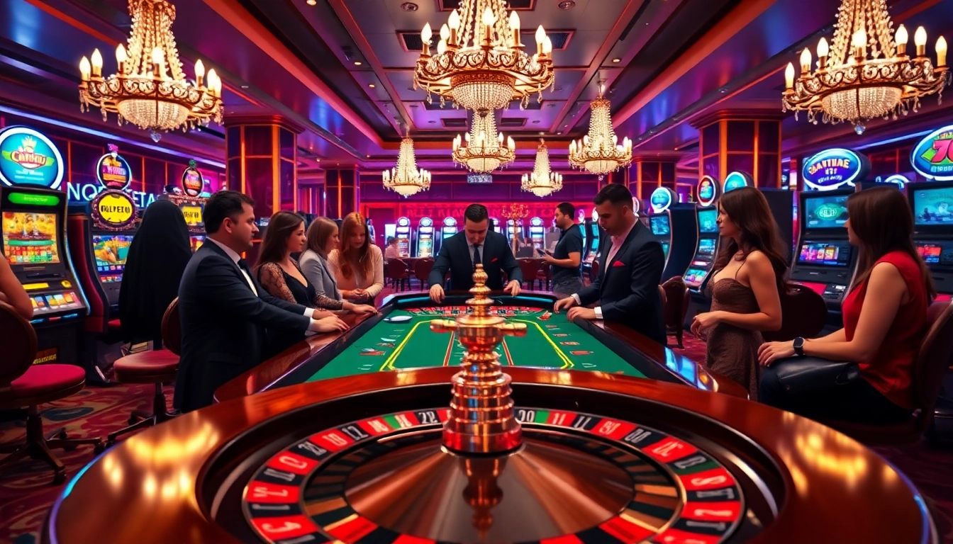 Engaged players betting at a luxury casino scene represented by https://www.eejl88888.com/ with vibrant roulette table and dazzling slot machines.
