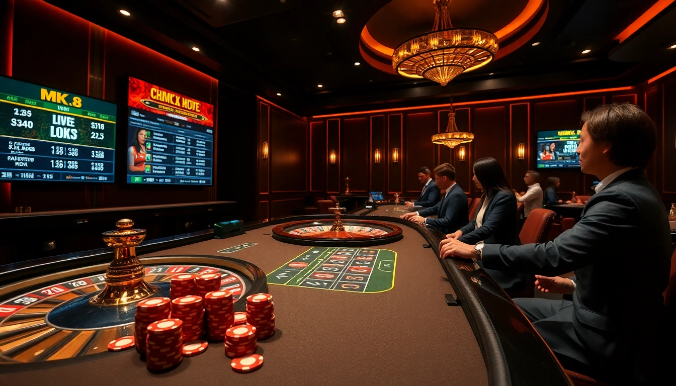 Dynamic casino scene featuring MK 8 betting options, vibrant poker chips, and a spinning roulette wheel.