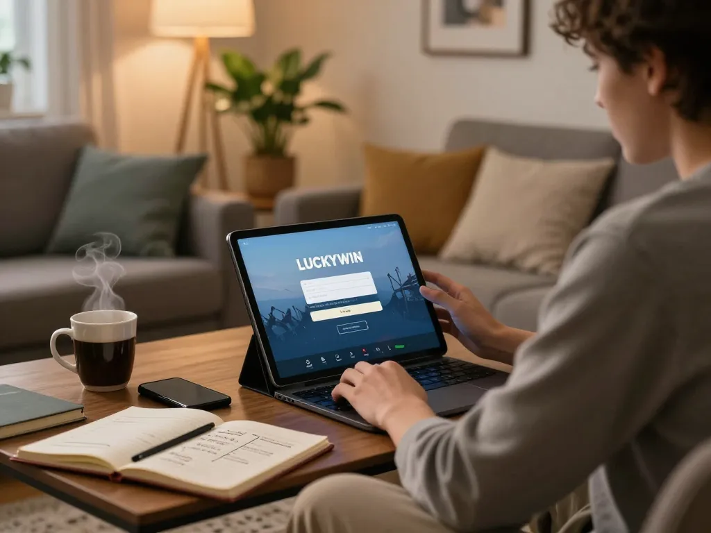 Logging into LUCKYWIN on a tablet in a cozy home environment, showcasing strategic gaming.