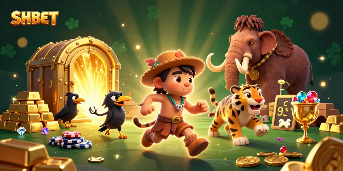 Experience thrilling games at SHBET with a vibrant casino scene featuring dynamic characters and treasures.