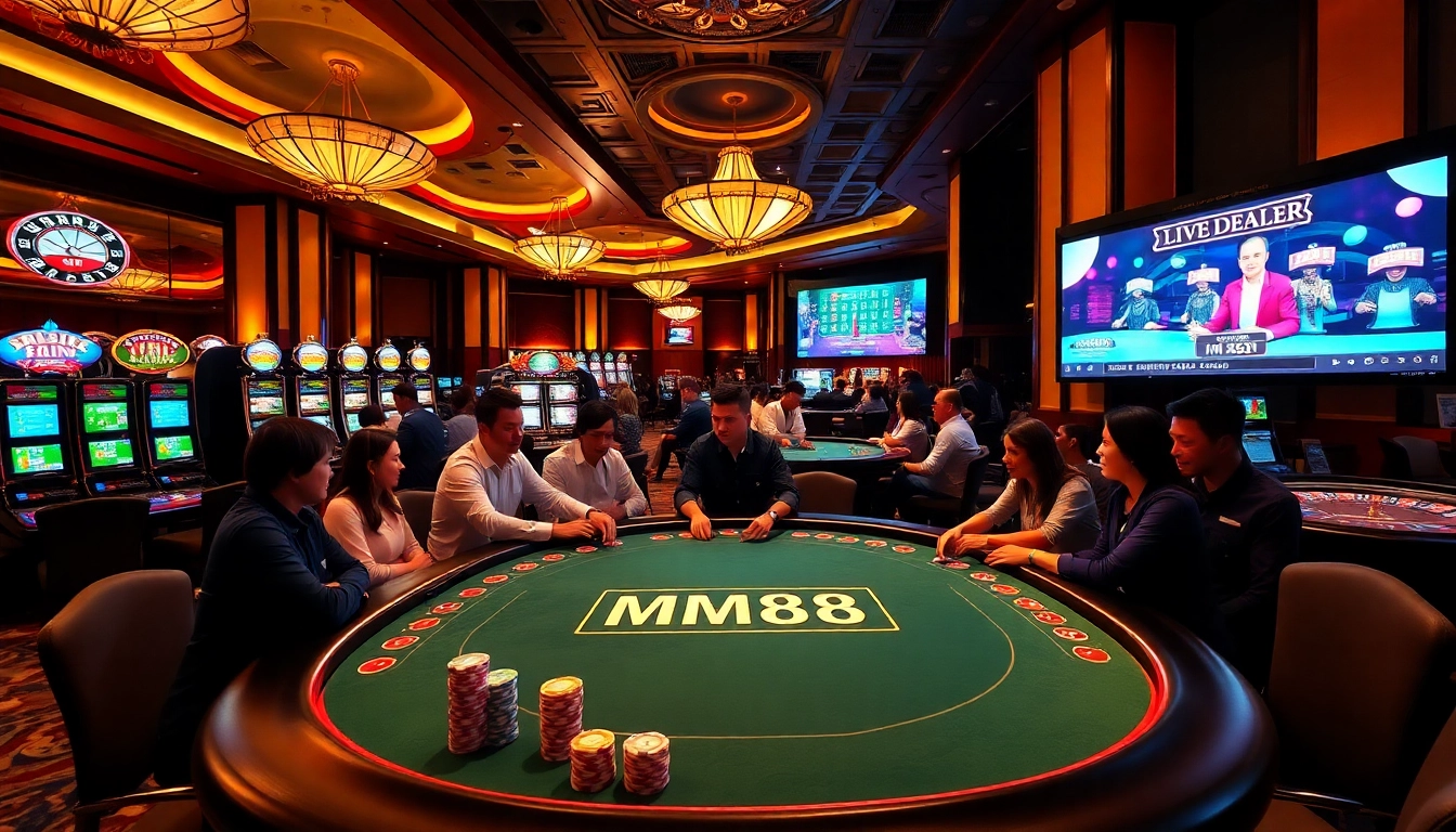 Players enjoying a thrilling game at the MM88 poker table, surrounded by vibrant casino elements.