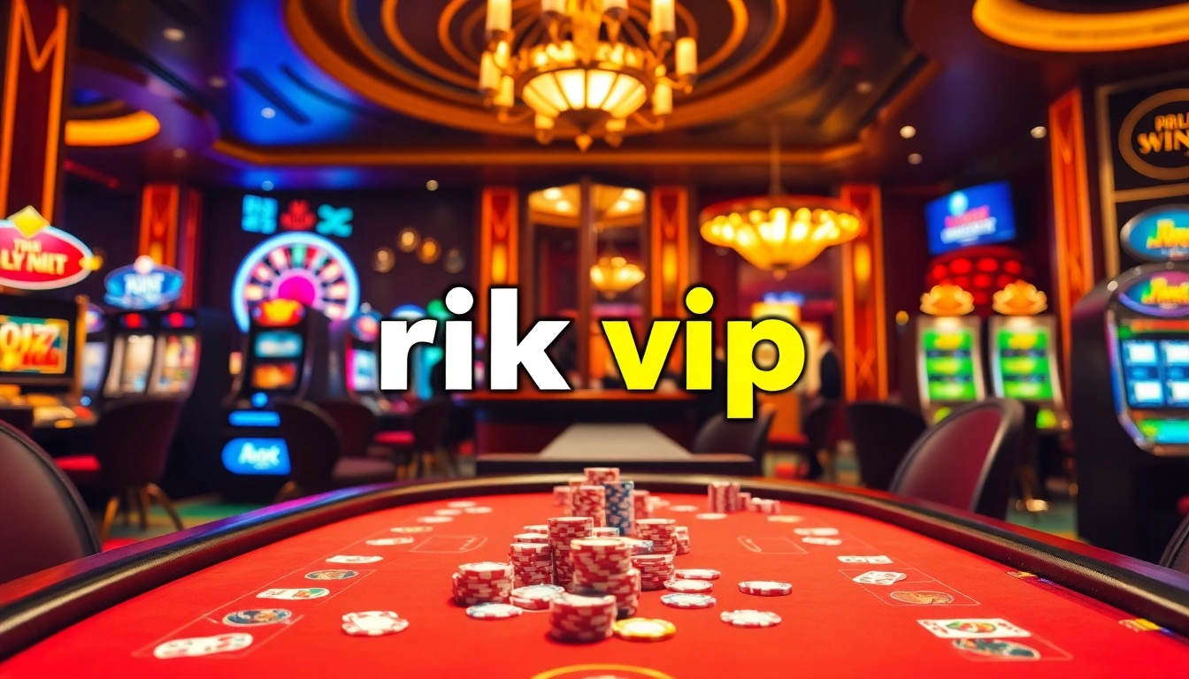 rik vip poker table with colorful chips and cards in a luxury casino setting