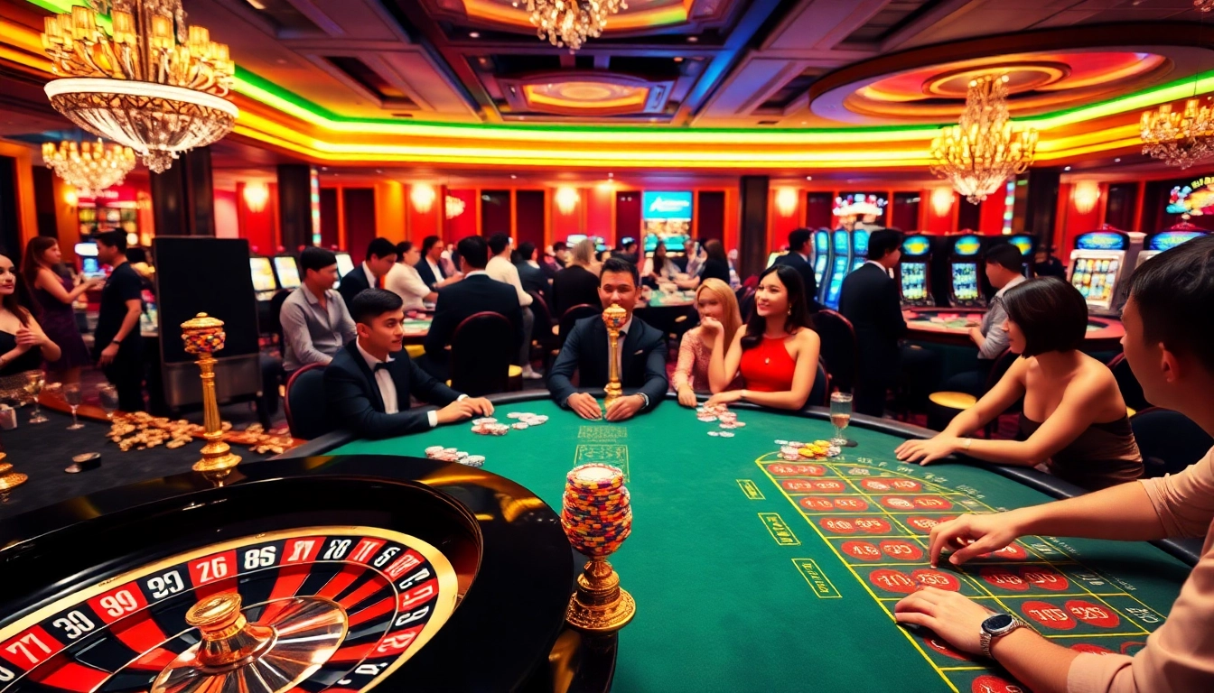 Players celebrating a win at the vibrant casino with https://xx88.day/ branding and colorful gaming elements.