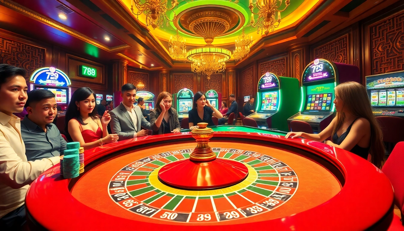 Players enjoying the thrill of the 789 club at a bustling roulette table in a vibrant casino.