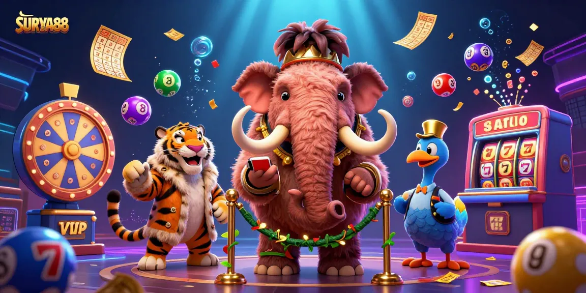 SURYA88's vibrant casino scene showcases a woolly mammoth bouncer checking IDs as lottery elements bounce around.