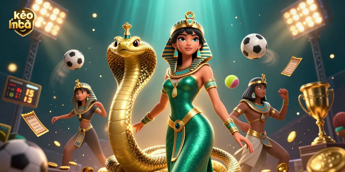 Experience thrilling kèo nhà cái sports betting action with a stunning 3D illustration of a woman and her golden cobra companion.