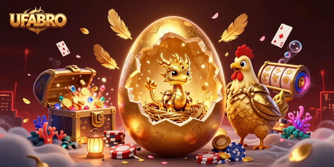 Win big with UFABRO's vibrant online casino adventure featuring gold dragon and poker chips.