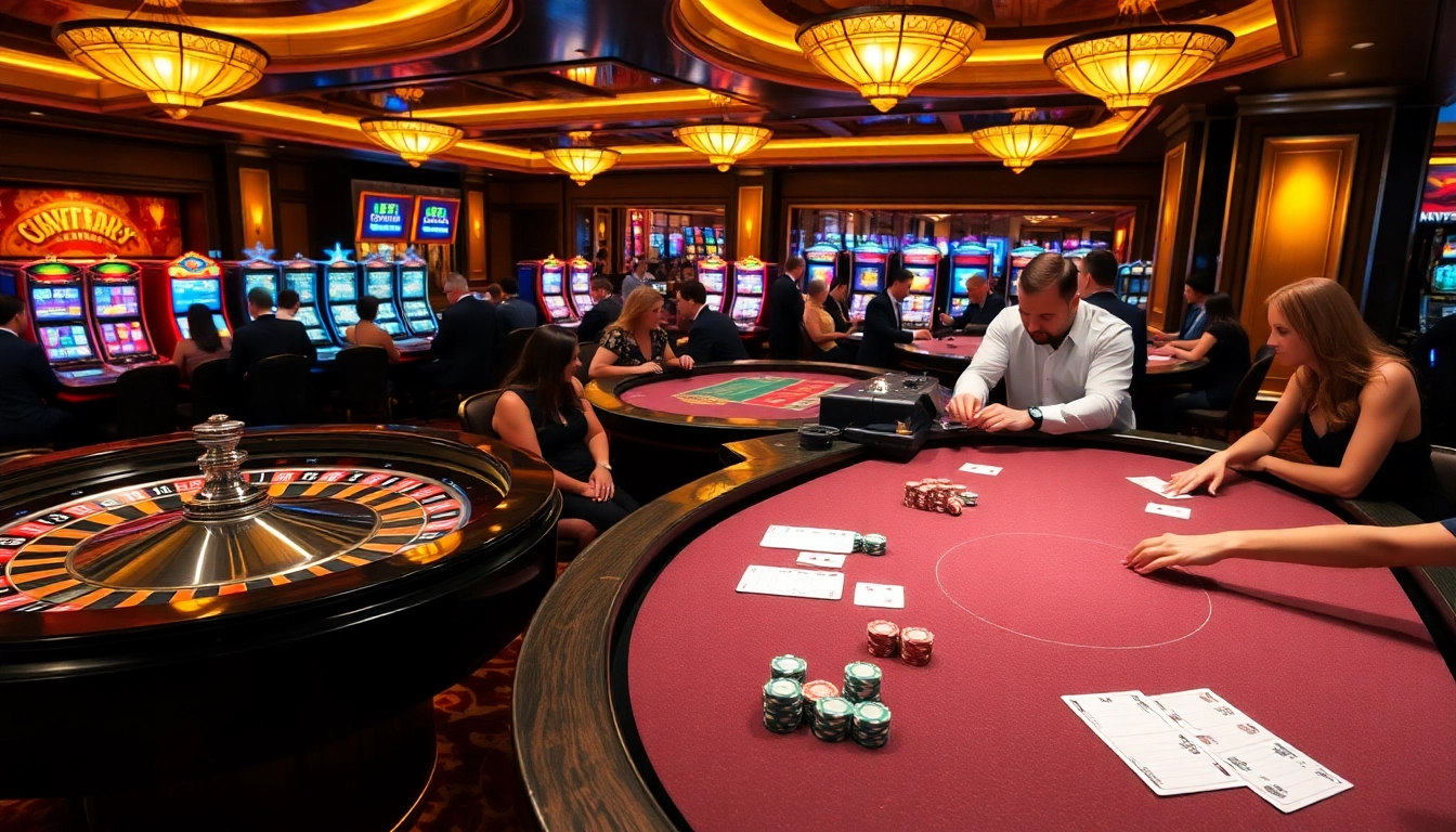 Players enjoying various casino games at mm888, surrounded by vibrant slot machines and roulette tables.