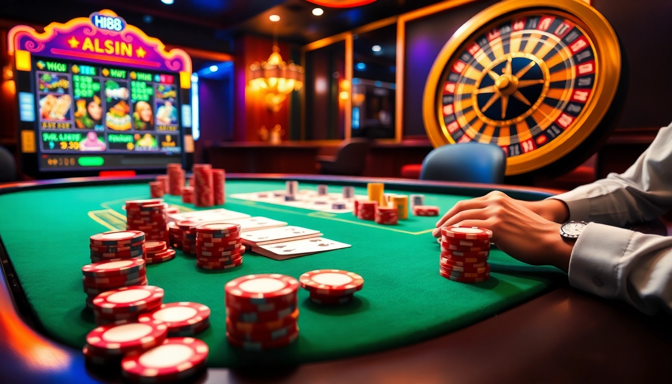 Engaging online gambling scene featuring hi88com poker table and vibrant slot machine.