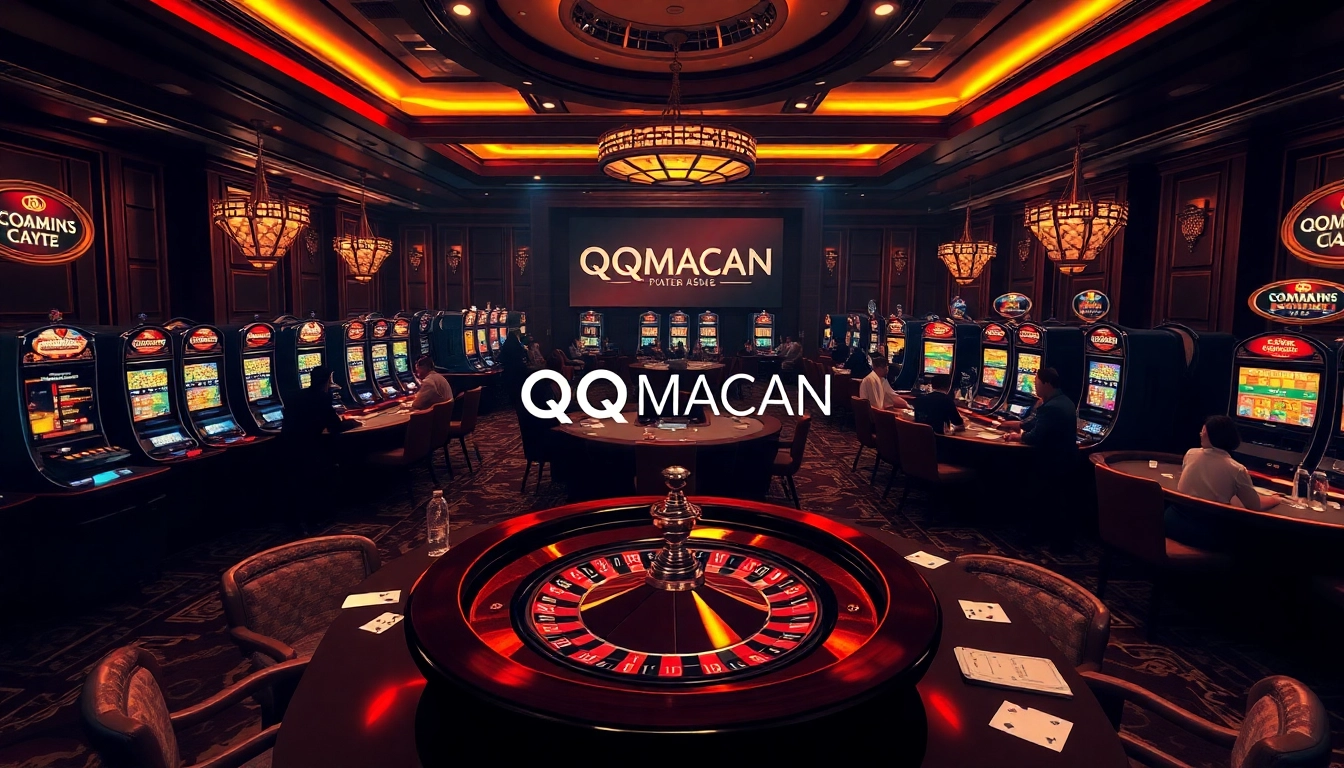 Players engaging with slot machines and roulette in a luxurious casino scene featuring QQMACAN.