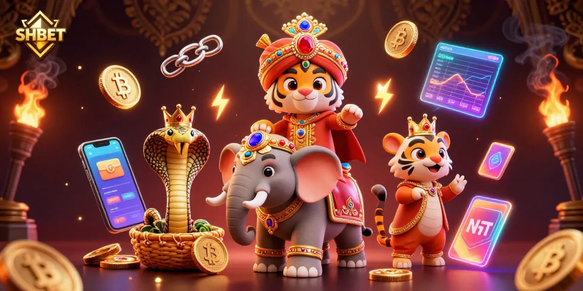 Engage with SHBET's vibrant casino universe featuring a maharaja, elephant, and crypto symbols.
