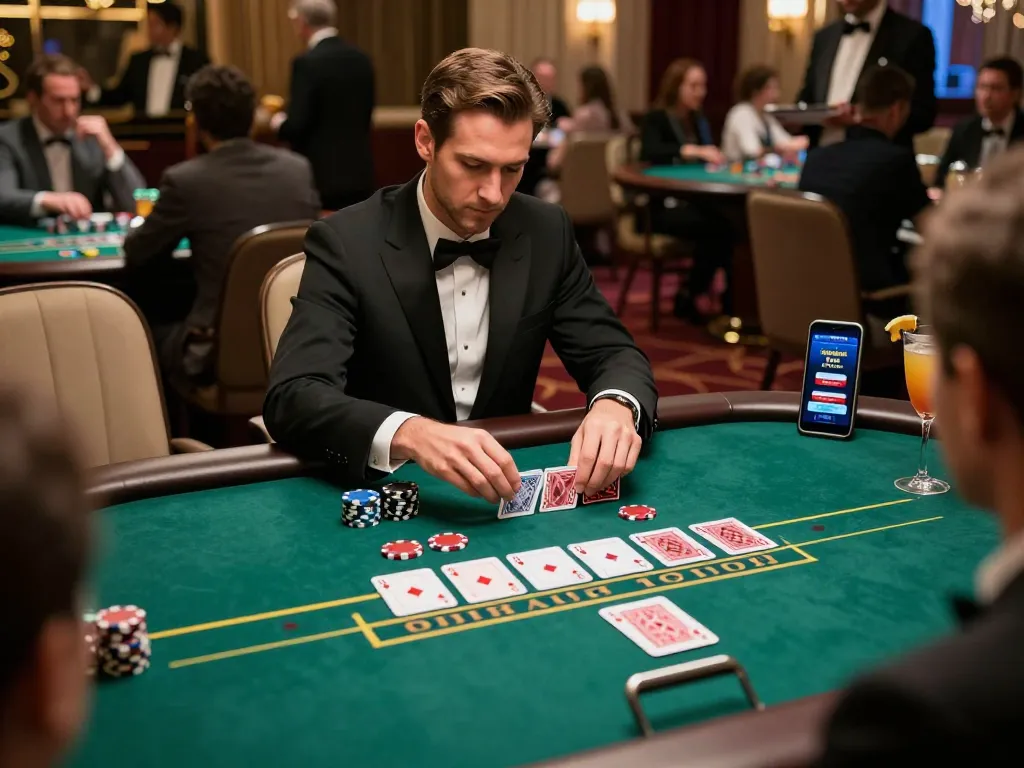 Player engaged in free credit baccarat at an upscale casino table, highlighting strategic gameplay and modern promotions.