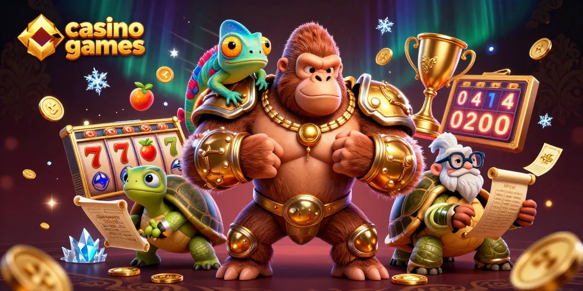 Engage with thrilling casino games featuring a gorilla king, chameleon, and tortoise amidst vibrant elements.