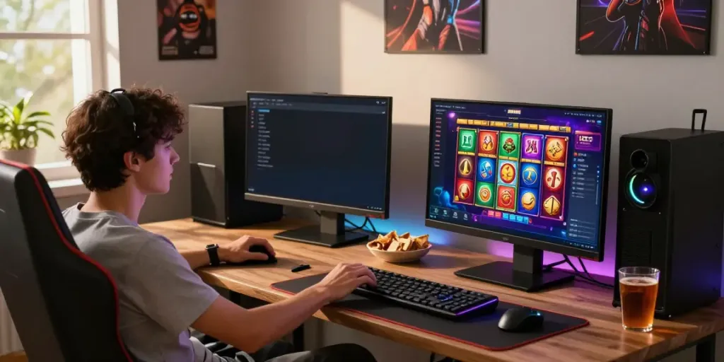 BUKUMIMPI138: Lingkungan bermain game digital dengan monitor slot gacor yang berwarna-warni.