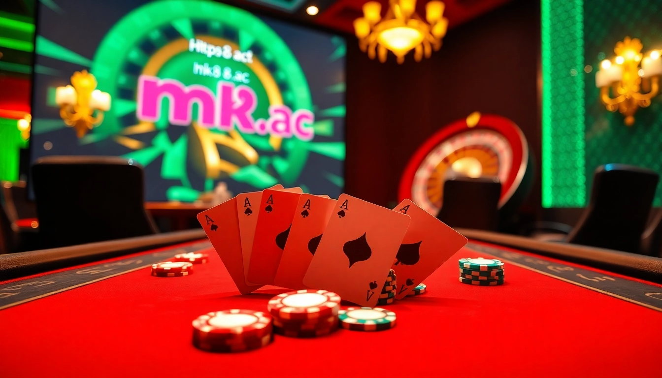 Experience thrilling gameplay at https://mk8.ac/ with vibrant casino visuals including poker chips and cards.
