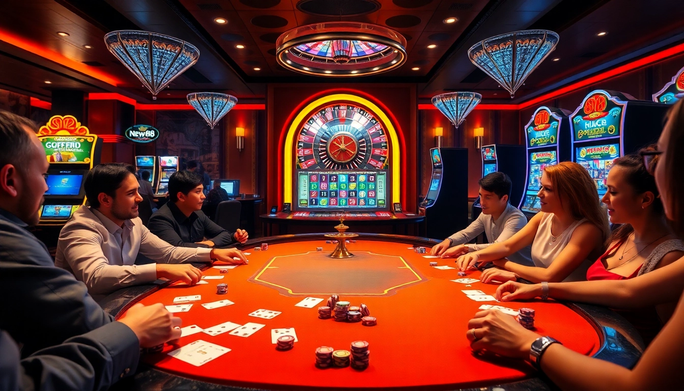 Excited players engaged in a high-stakes game at New88 casino, showcasing vibrant poker chips and cards.