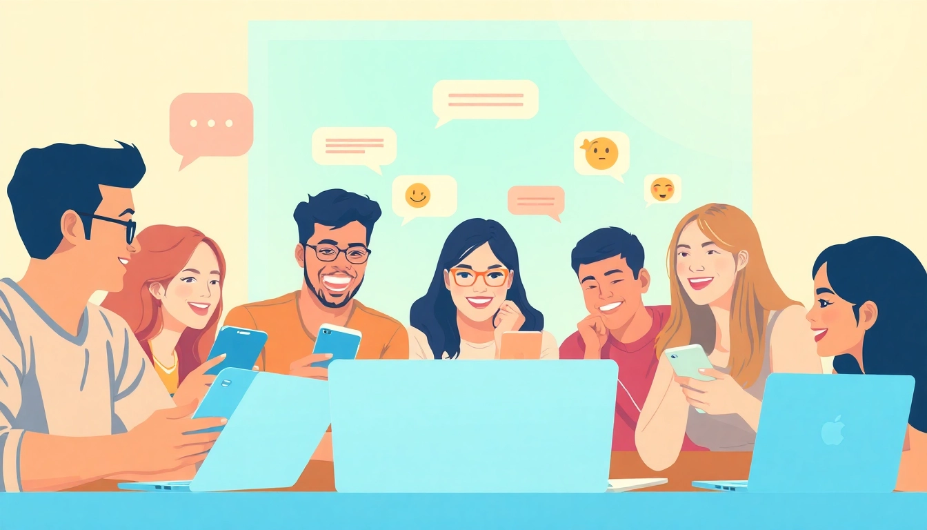 مستخدمون متفاعلون يتحدثون في شات فله باستخدام أجهزة رقمية، يلتقطون تواصلًا حيًا عبر الإنترنت.