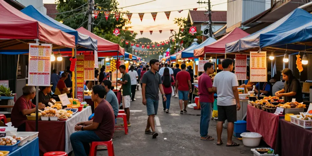 Pasar malam dengan orang-orang berbincang dan tiket togel tersaji, menciptakan suasana hangat dan meriah.