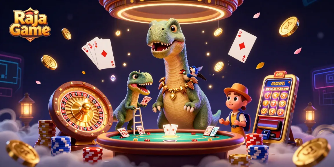 Engage with Raja Game's thrilling atmosphere, featuring vibrant characters and dynamic casino elements.