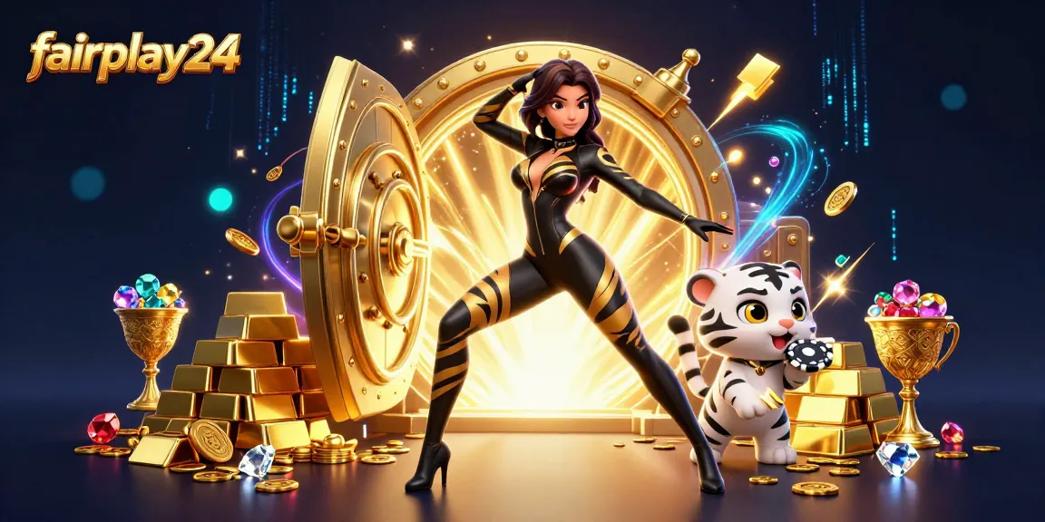 Experience thrilling gameplay with fairplay24's acrobatic casino scene featuring tigers and treasures.