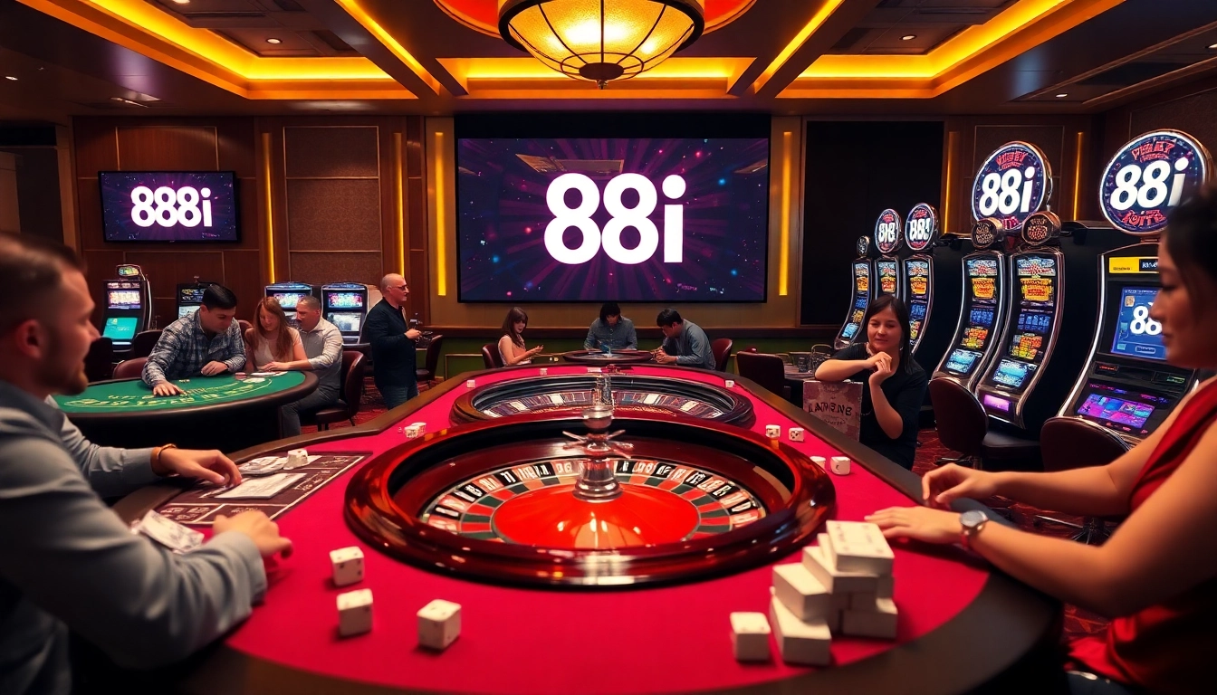 A lively casino floor showcasing players enjoying games like poker and roulette at 88i.