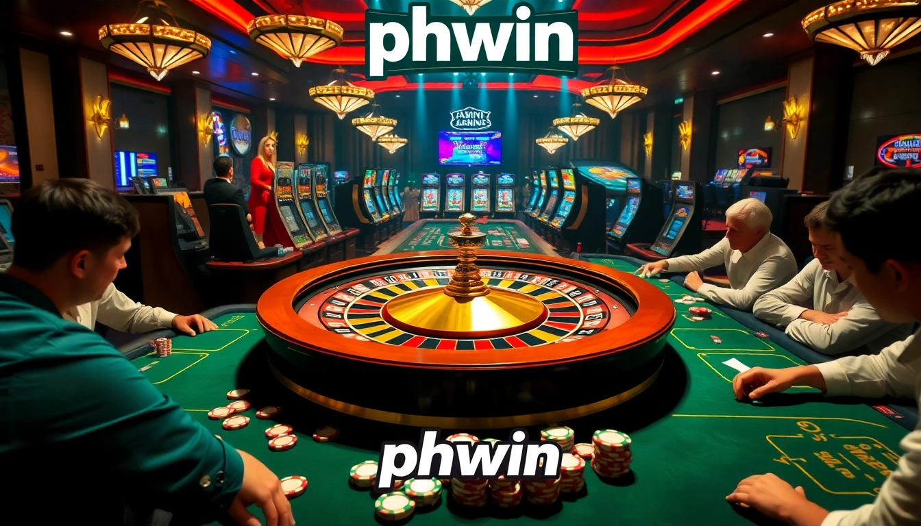 Engaging players at a phwin casino table, showcasing excitement and vibrant gambling elements.