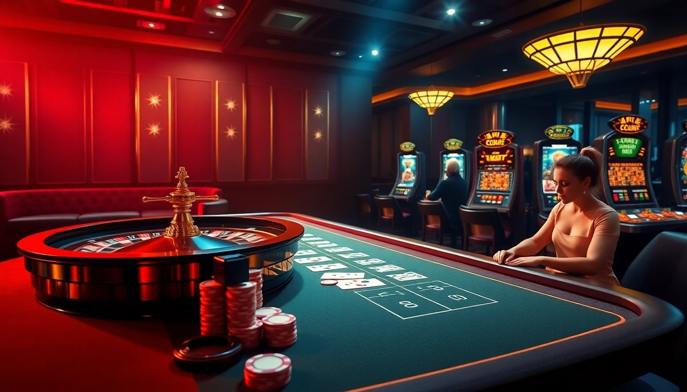 The excitement of 68VIP casino with luxurious gaming tables, poker chips, and roulette wheel.