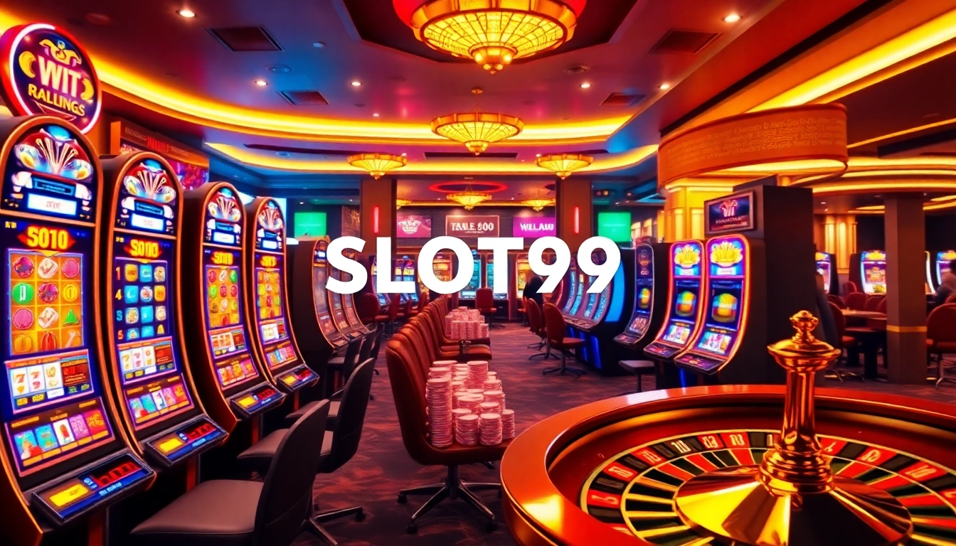 SLOT99 online casino scene with vibrant slot machines, inviting poker chips, and an elegant roulette wheel.