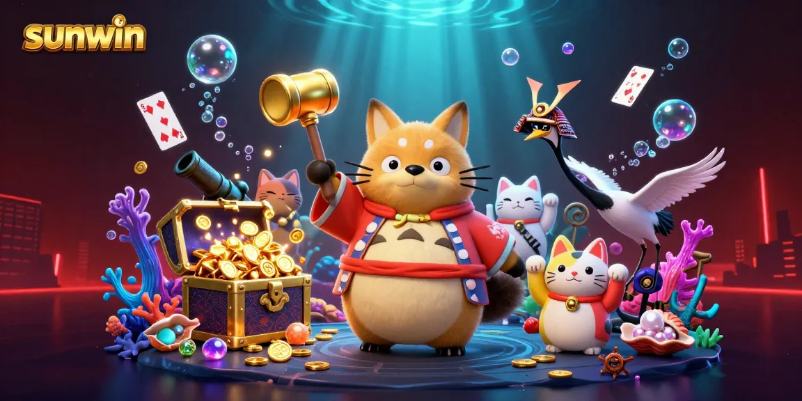 Sunwin casino delights players with cheerful tanuki characters and vibrant treasures in an engaging 3D illustration.