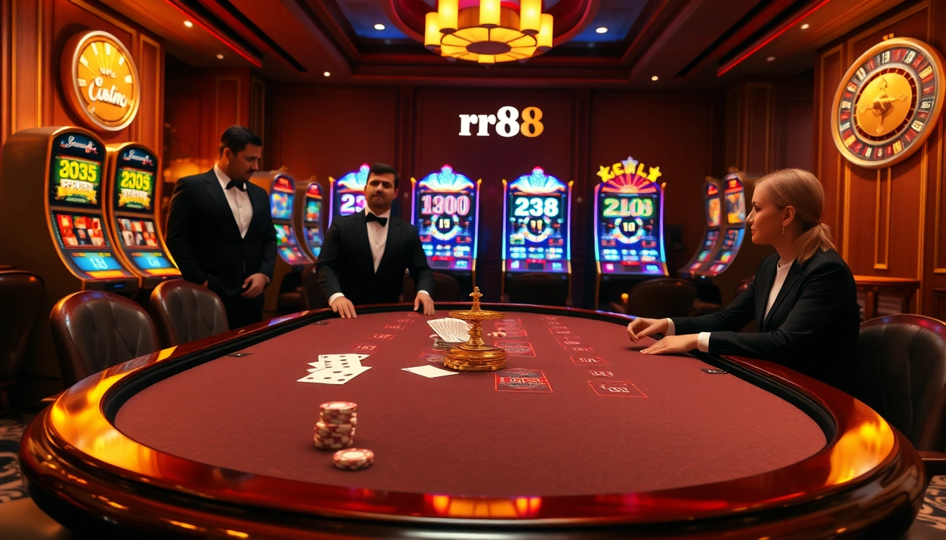 rr88 offers an exciting poker table scene highlighting high-stakes gaming with luxurious casino decor.
